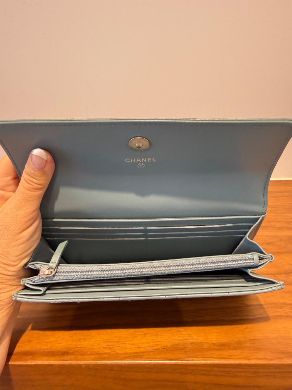 Chanel Lambskin Camellia Embossed Long Double Wallet with Studs in Blue - Picture 3 of 7